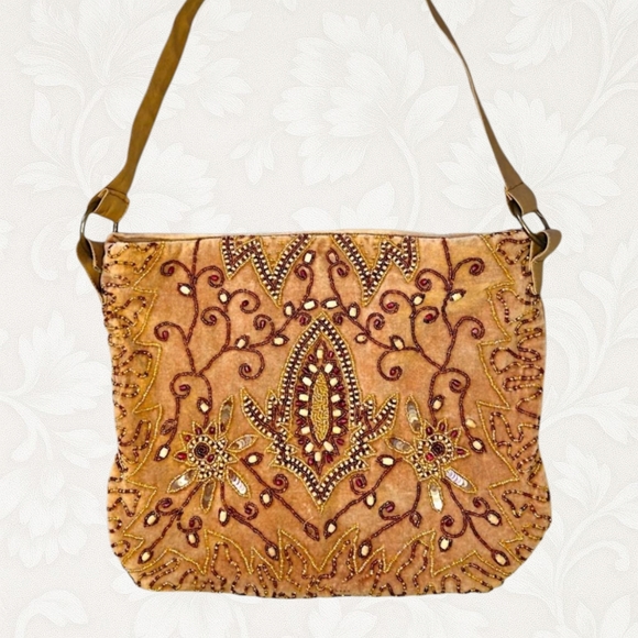 le chateau Handbags - Vintage Y2k Boho Whimsigoth LeChateau Brown Tan Embroidered Beaded shoulder bag